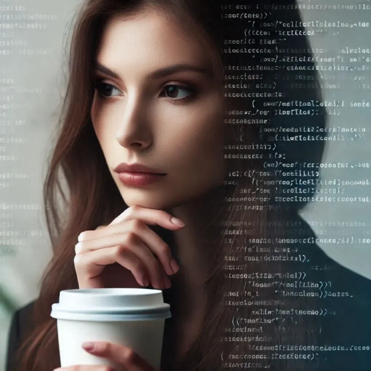 Close up portrait of a female programmer deep in thought, holding a coffee cup, with lines of code projected softly in the background.2